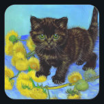 Van Gogh Stijl Kat met Zonnebloemen Vierkante Sticker<br><div class="desc">Stickers met een Van Gogh stijlkat met zonnebloemen! Een  zwarte kitten poseert scherp met gele bloemen. Een fantastisch cadeau voor kattenliefhebbers en Nederlandse kunstverzamelaars!</div>