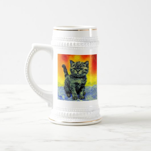 Van Gogh Stijl Kat Zonsondergang Strand Bierpul (Links)