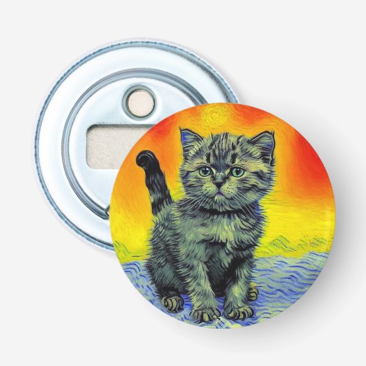 Van Gogh Stijl Kat Zonsondergang Strand Button Flesopener (Voorkant)