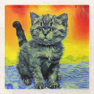 Van Gogh Stijl Kat Zonsondergang Strand Glazen Onderzetter