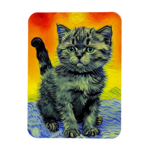 Van Gogh Stijl Kat Zonsondergang Strand Magneet