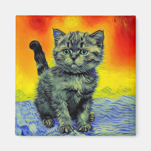 Van Gogh Stijl Kat Zonsondergang Strand Magneet