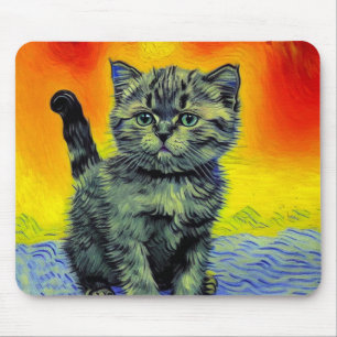 Van Gogh Stijl Kat Zonsondergang Strand Muismat