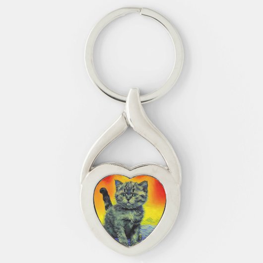 Van Gogh Stijl Kat Zonsondergang Strand Sleutelhanger (Voorkant)