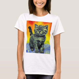 Van Gogh Stijl Kat Zonsondergang Strand T-shirt