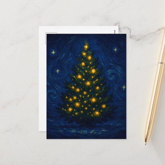 Van Gogh-stijl Kerstboom Ansichtkaart Feestdagenkaart (Voorkant / Achterkant in situ)