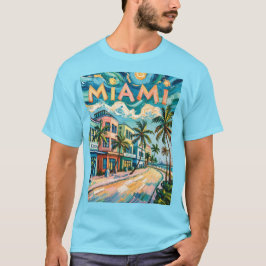 Van Gogh Stijl Miami Ocean Drive Kleurrijk Strand T-shirt