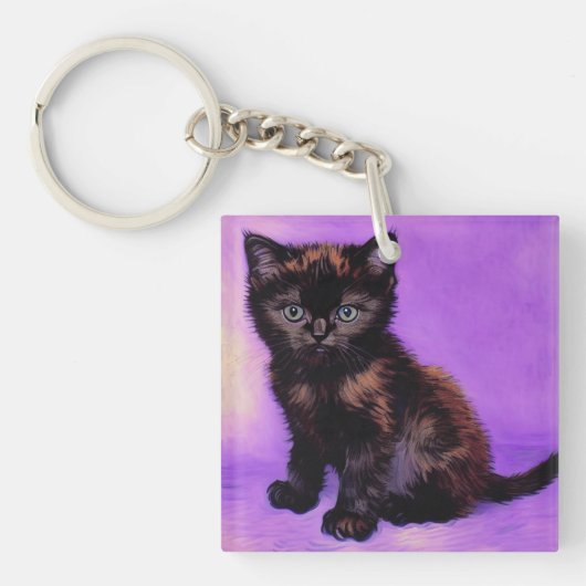 Van Gogh Stijl Paarse kat Sleutelhanger (Voorkant)