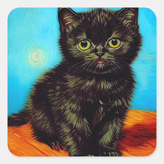 Van Gogh Stijl Pouting Kitten Vierkante Sticker (Voorkant)