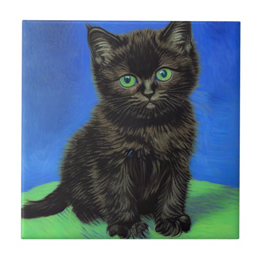 Van Gogh Stijl Zwart Kitten Tegeltje (Voorkant)