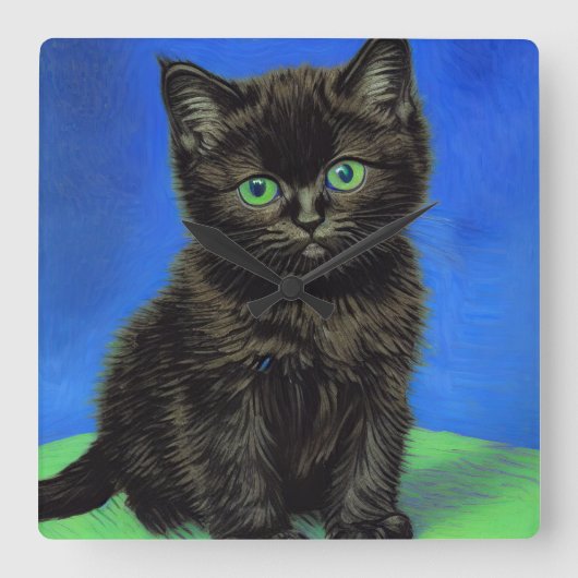 Van Gogh Stijl Zwart Kitten Vierkante Klok (Voorkant)