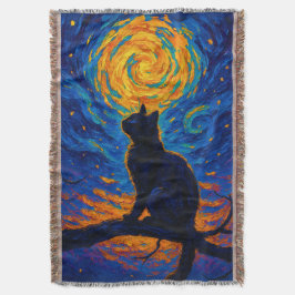 Van Gogh stijl zwarte kat die naar de maan staart Deken