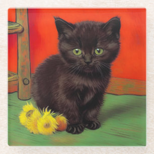 Van Gogh Stijl Zwarte Kat Glazen Onderzetter