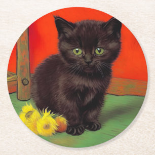 Van Gogh Stijl Zwarte Kat Ronde Kartonnen Onderzetter