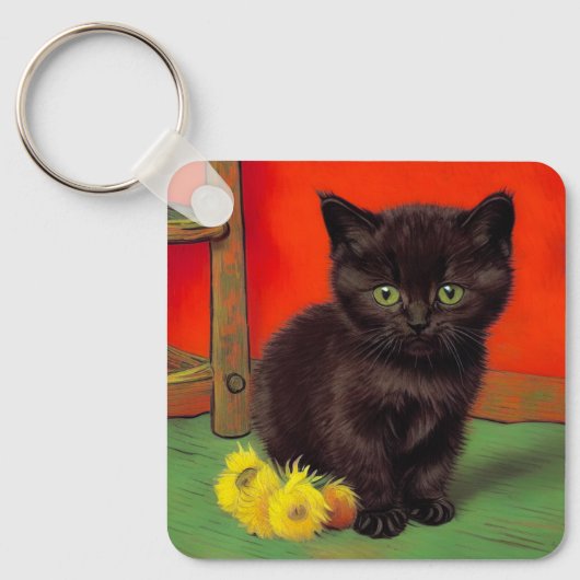 Van Gogh Stijl Zwarte Kat Sleutelhanger (Voorkant)