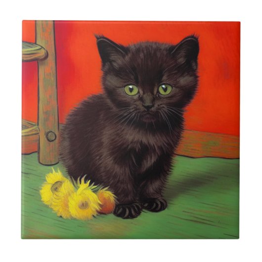 Van Gogh Stijl Zwarte Kat Tegeltje (Voorkant)