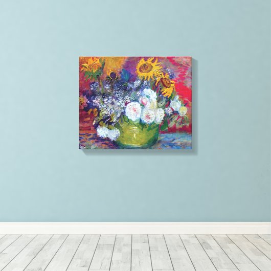 Van Gogh - stilstaand leven met Rozen en zonnebloe Canvas Afdruk (Insitu (Houten vloer))