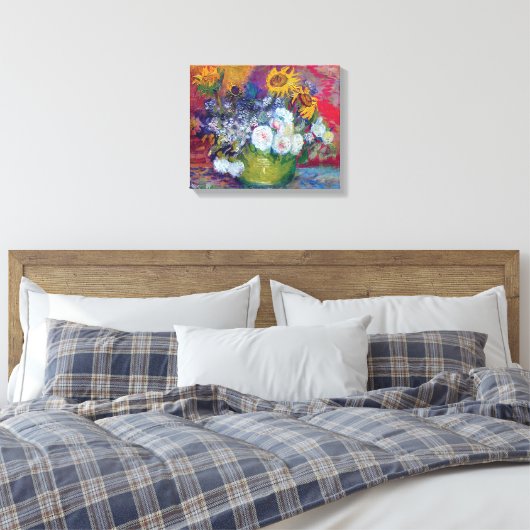 Van Gogh - stilstaand leven met Rozen en zonnebloe Canvas Afdruk (Insitu (Slaapkamer))