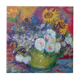 Van Gogh - stilstaand leven met Rozen en zonnebloe Tegeltje
