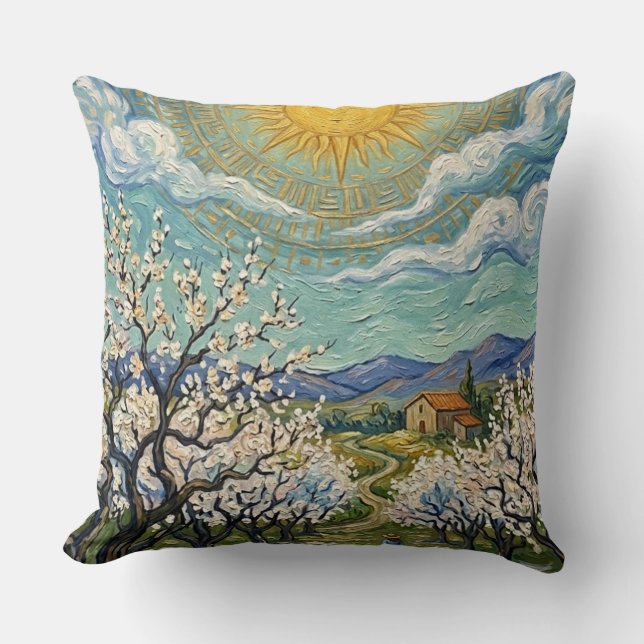 Van Gogh Style Almond Orchard Spring Blossom Throw Kussen (Voorkant)