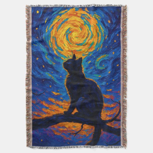 Van Gogh Style Black Cat Gazing at the Moon Deken (Voorkant Verticaal)