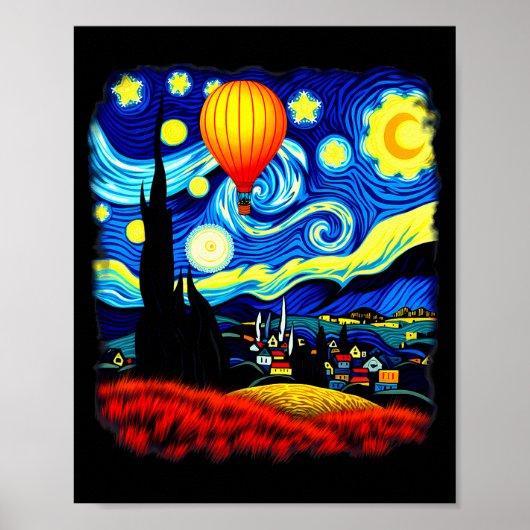 Van Gogh Style Hot Air Balloon Starry Night Poster (Voorkant)