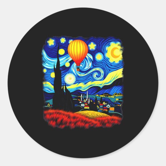 Van Gogh Style Hot Air Balloon Starry Night Ronde Sticker (Voorkant)