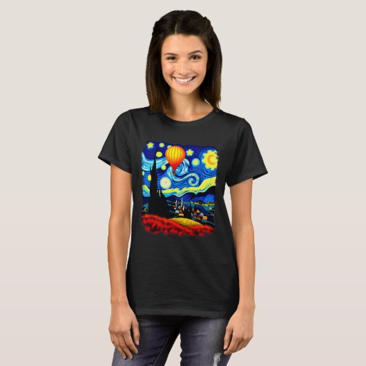 Van Gogh Style Hot Air Balloon Starry Night T-shirt (Voorkant volledig)