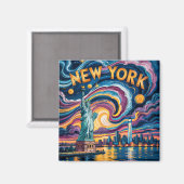 Van Gogh Style New York Skyline & Liberty Travel Magneet (Voorkant / Achterkant)