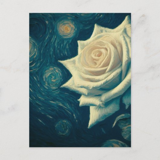 Van Gogh Style White Rose op een Sterrennacht Briefkaart (Voorkant)