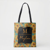 Van Gogh Sunflowers Teal Blue Monogram  Tote Bag (Voorkant)