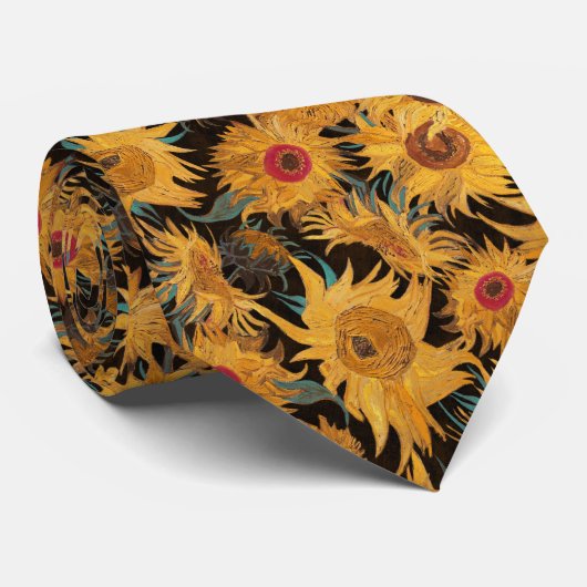 Van Gogh Sunflowers yellow black aqua red Stropdas (Opgerold)