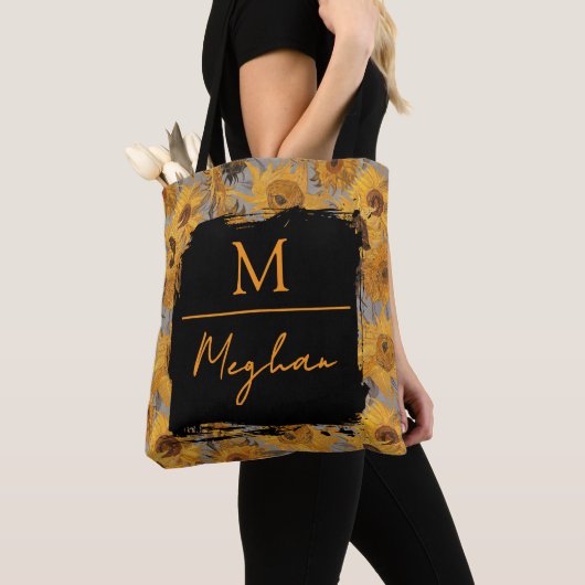 Van Gogh Sunflowers Yellow Grey Monogram  Tote Bag (Dichtbij)