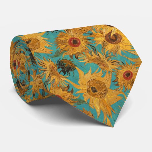 Van Gogh Sunflowers yellow teal blue red orange Stropdas (Opgerold)