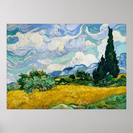 Van Gogh Tarweveld met cipressen Poster (Voorkant)