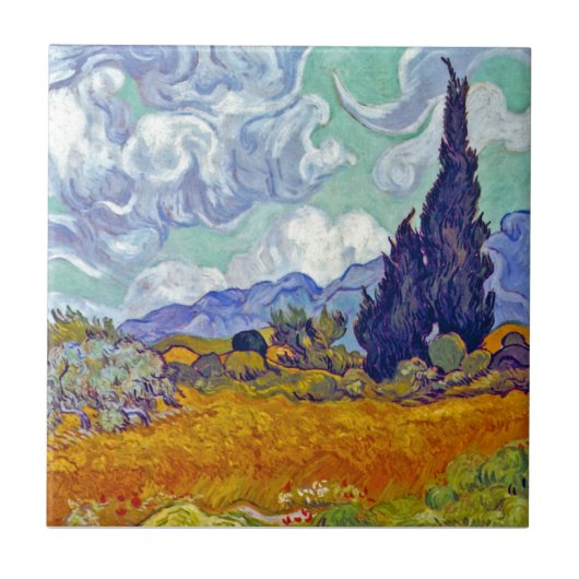 Van Gogh - Tarweveld met cipressen Tegeltje (Voorkant)
