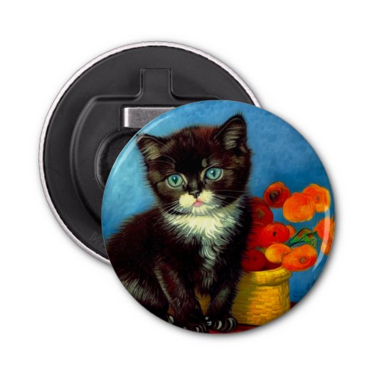 Van Gogh Tuxedo Cat Button Flesopener (Voorkant)