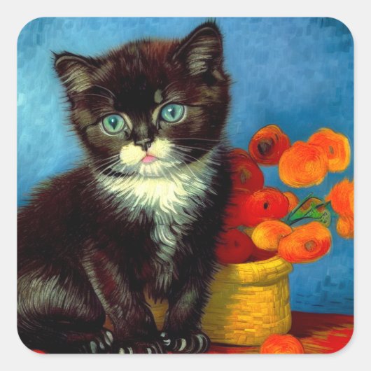Van Gogh Tuxedo Cat Vierkante Sticker (Voorkant)
