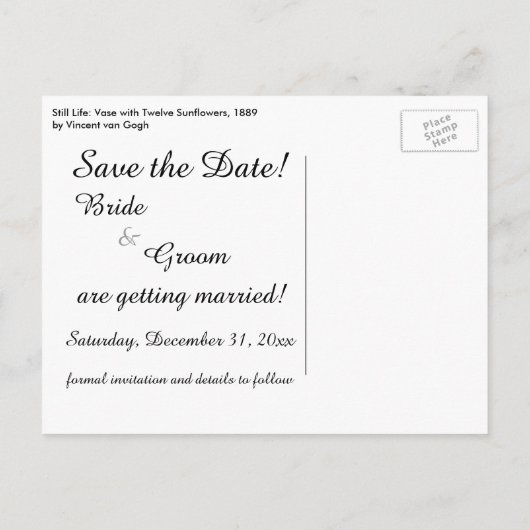 Van Gogh Twaalf Zonnebloemen,  sparen de Datum Aankondigingskaart (Achterkant)
