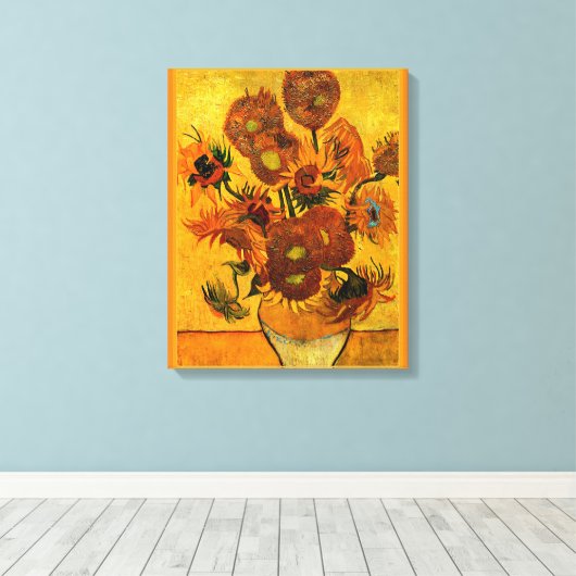 Van Gogh - Vaas met 15 zonnebloemen Canvas Afdruk (Insitu (Houten vloer))