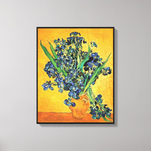 Van Gogh - Vaas met irissen en gele achtergrond Canvas Afdruk