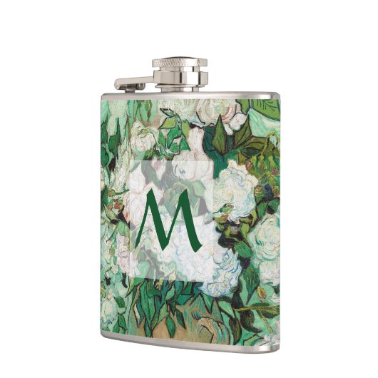 Van Gogh Vaas met Roze Rozen Bloemenkunst Monogram Heupfles (Links)