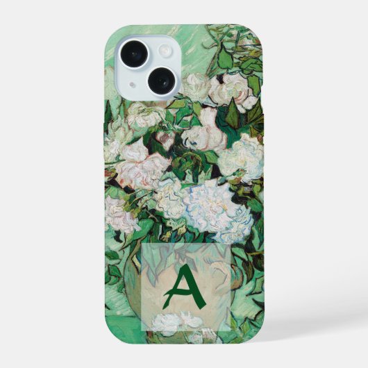 Van Gogh Vaas met Roze Rozen Vintage Kunst Monogra iPhone 15 Case (Achterkant)