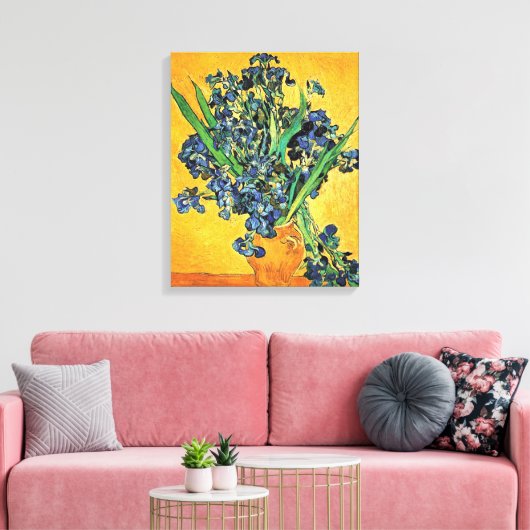Van Gogh - Vase met de gele achtergrond van Irises Canvas Afdruk (Insitu (Woonkamer))