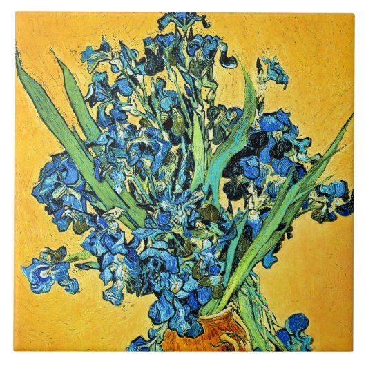 Van Gogh - Vase met de gele achtergrond van Irises Tegeltje (Voorkant)