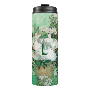 Van Gogh Vase met het Roze Monogram van de Kunst Thermosbeker