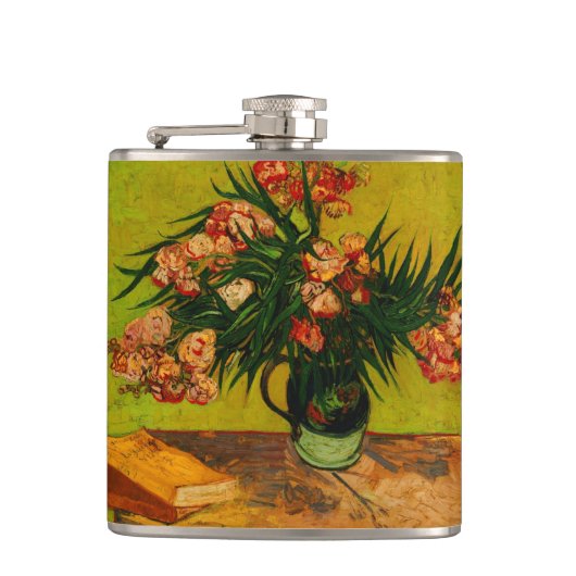 Van Gogh Vase met Oleanders en Boeken-Floral Art Heupfles (Voorkant)