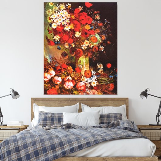 Van Gogh - Vase met papavers, cornbloemen, pony's Canvas Afdruk (Insitu (Slaapkamer))
