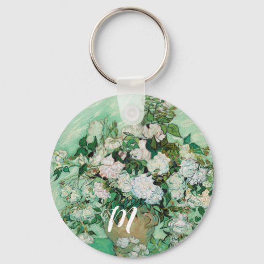Van Gogh Vase met roze rozen  Art Monogram Sleutelhanger (Voorkant)