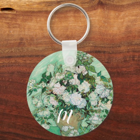 Van Gogh Vase met roze rozen Art Monogram Sleutelhanger (Voorkant)